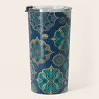 Teal Turquoise Gold Moroccan Tiles Boho Vintage Elegance Quatrefoil Shapes Travel Mug Gallery Image 3