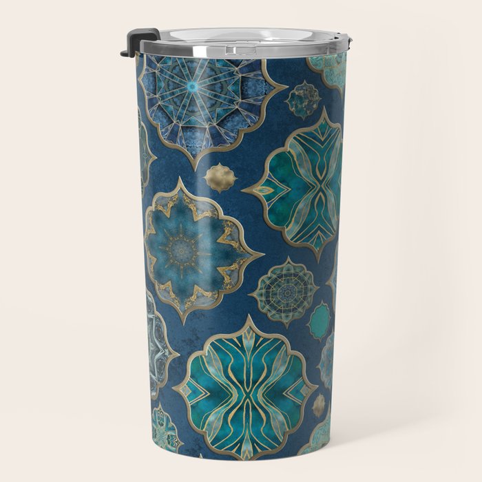 Teal Turquoise Gold Moroccan Tiles Boho Vintage Elegance Quatrefoil Shapes Travel Mug Gallery Image 3