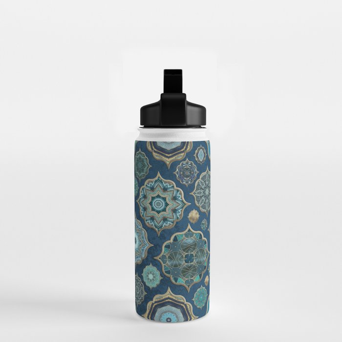 Teal Turquoise Gold Moroccan Tiles Boho Vintage Elegance Quatrefoil Shapes Water Bottle Gallery Image 2