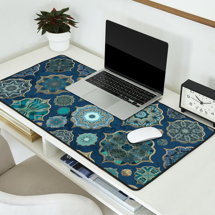 Teal Turquoise Gold Moroccan Tiles Boho Vintage Elegance Quatrefoil Shapes Desk Mat Gallery Image 2