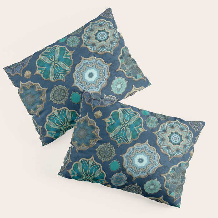 Teal Turquoise Gold Moroccan Tiles Boho Vintage Elegance Quatrefoil Shapes Pillow Sham Gallery Image 1