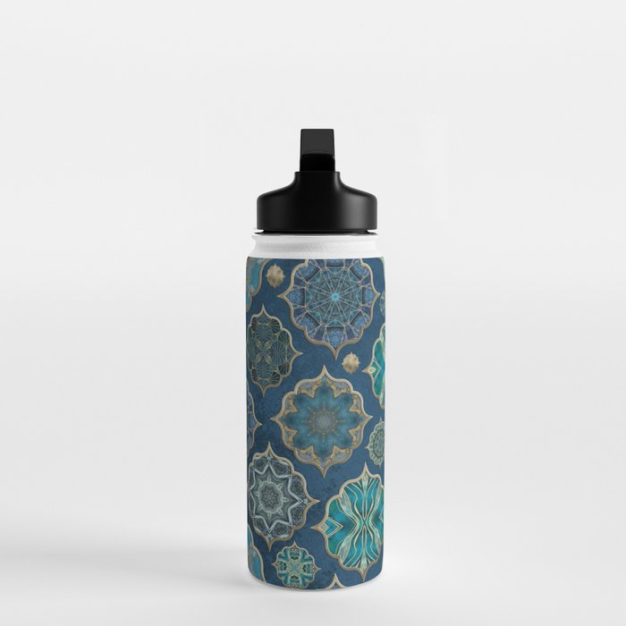 Teal Turquoise Gold Moroccan Tiles Boho Vintage Elegance Quatrefoil Shapes Water Bottle Gallery Image 3