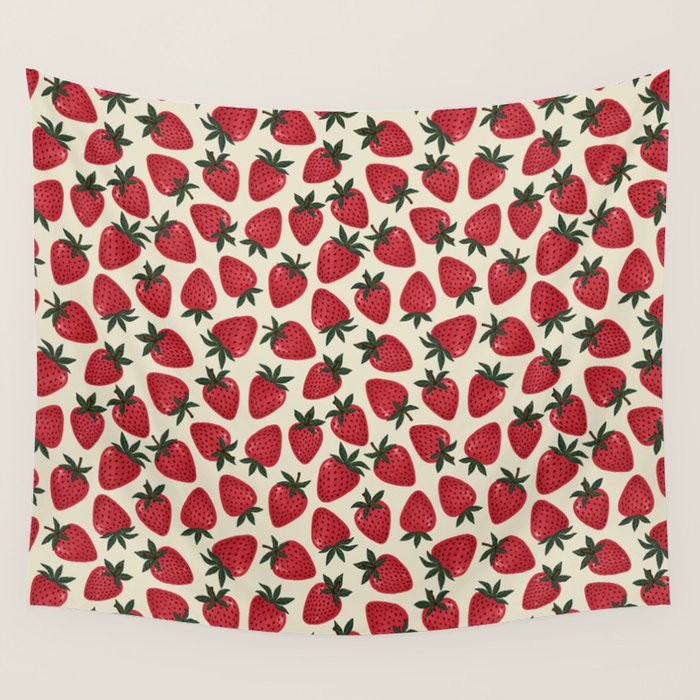Hand Drawn Vintage Strawberry Pattern Wall Tapestry Gallery Image 4