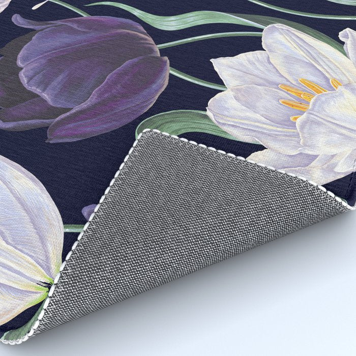 Purple and White Tulip Floral Prints on Navy Blue Rug Gallery Image 4