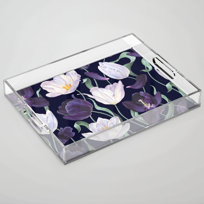 Purple and White Tulip Floral Prints on Navy Blue Acrylic Tray Gallery Image 1