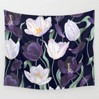 Purple and White Tulip Floral Prints on Navy Blue Wall Tapestry Gallery Image 4