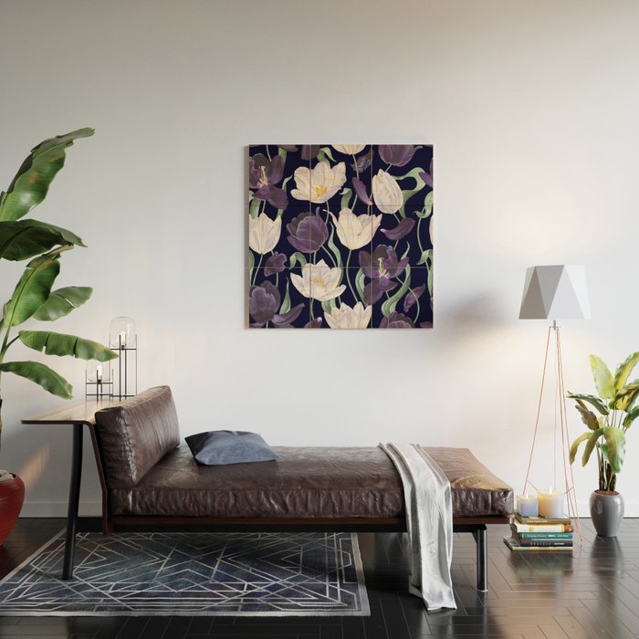 Purple and White Tulip Floral Prints on Navy Blue Wood Wall Art Gallery Image 2