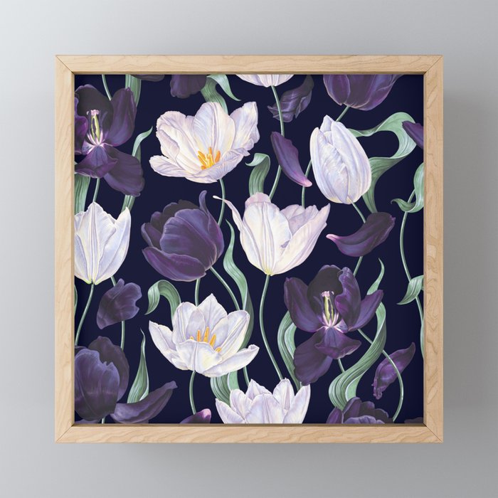Purple and White Tulip Floral Prints on Navy Blue Mini Art Print Gallery Image 1