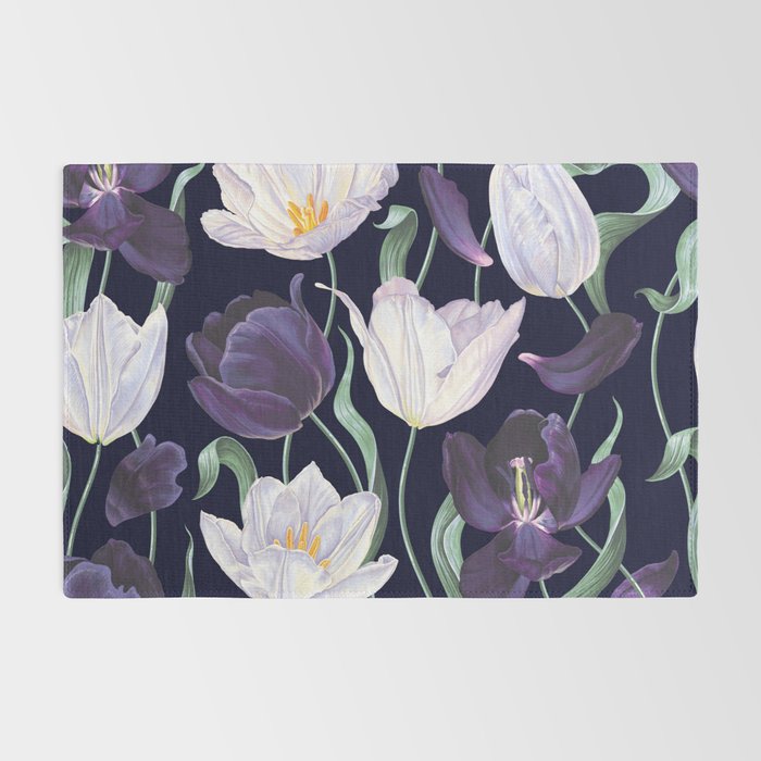 Purple and White Tulip Floral Prints on Navy Blue Rug Gallery Image 2