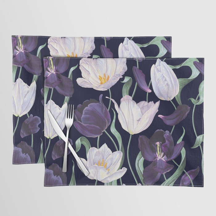 Purple and White Tulip Floral Prints on Navy Blue Placemat Gallery Image 1