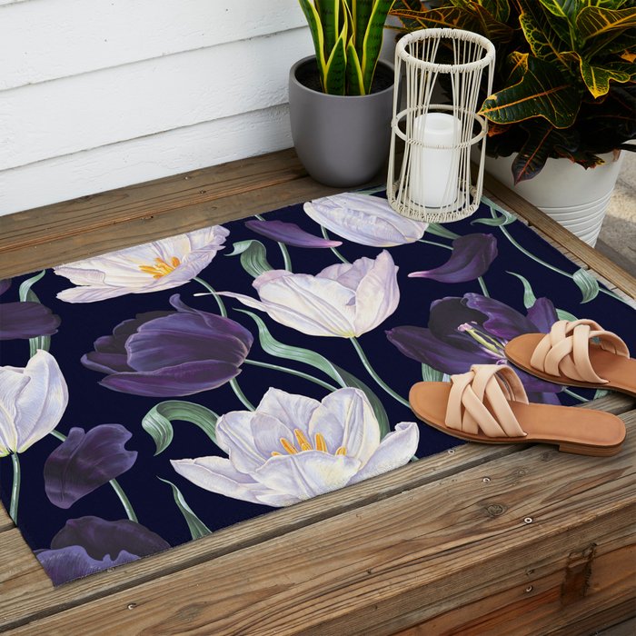 Purple and White Tulip Floral Prints on Navy Blue Outdoor Rug Gallery Image 2