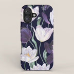 Purple and White Tulip Floral Prints on Navy Blue iPhone Case Gallery Image 1
