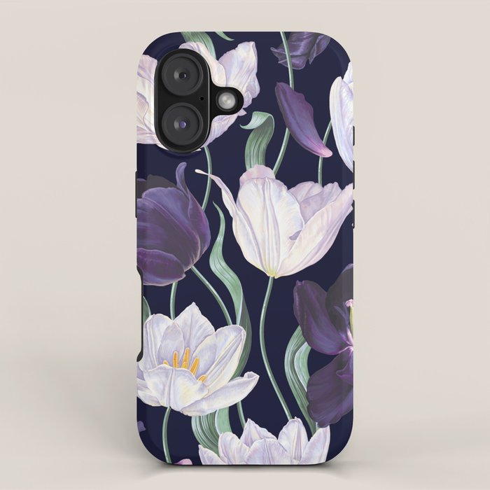 Purple and White Tulip Floral Prints on Navy Blue iPhone Case Gallery Image 1