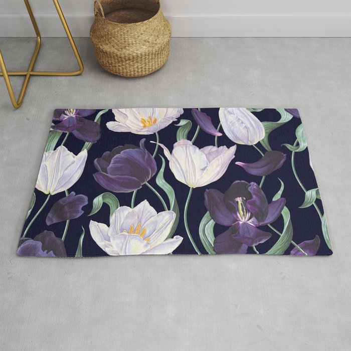 Purple and White Tulip Floral Prints on Navy Blue Rug Gallery Image 1