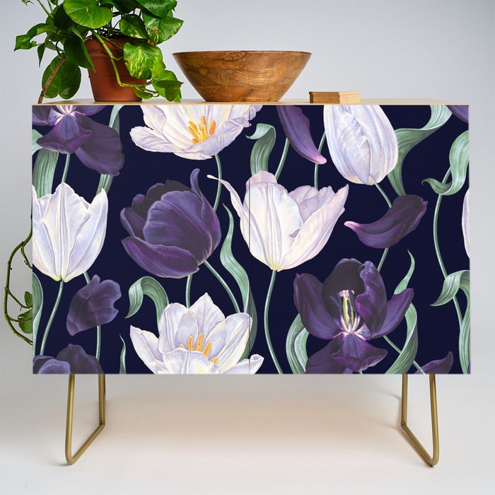 Purple and White Tulip Floral Prints on Navy Blue Credenza Gallery Image 1