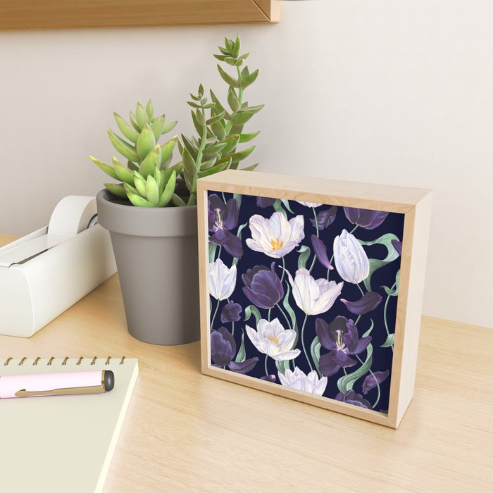Purple and White Tulip Floral Prints on Navy Blue Mini Art Print Gallery Image 2