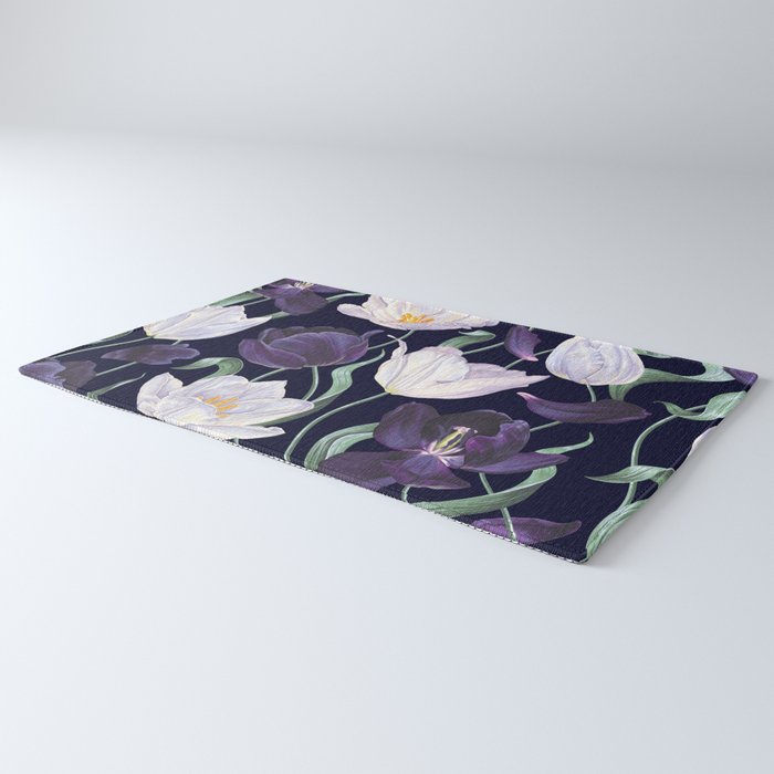 Purple and White Tulip Floral Prints on Navy Blue Rug Gallery Image 3