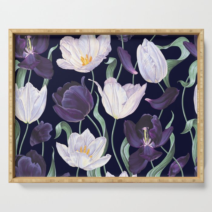 Purple and White Tulip Floral Prints on Navy Blue Serving Tray Gallery Image 1