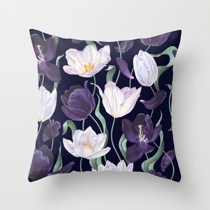 Purple and White Tulip Floral Prints on Navy Blue Throw Pillow Gallery Image 6