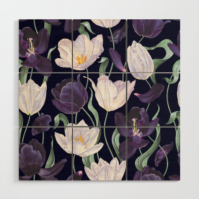 Purple and White Tulip Floral Prints on Navy Blue Wood Wall Art Gallery Image 1