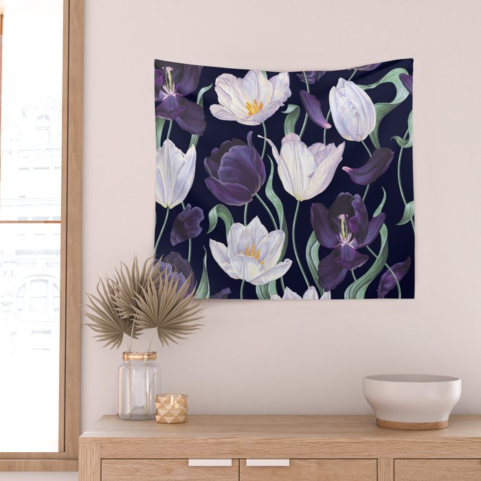 Purple and White Tulip Floral Prints on Navy Blue Wall Tapestry Gallery Image 2