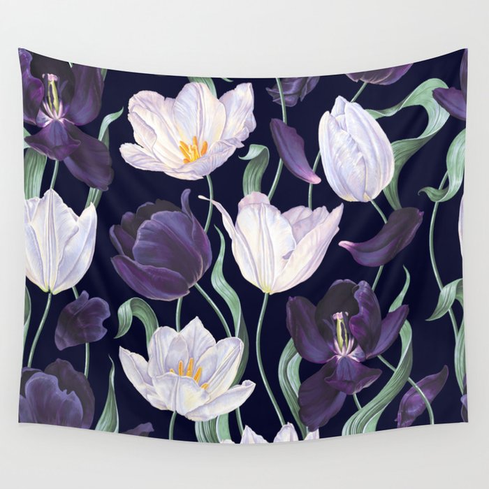 Purple and White Tulip Floral Prints on Navy Blue Wall Tapestry Gallery Image 1