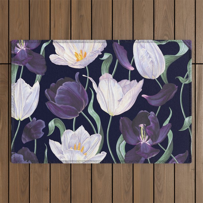 Purple and White Tulip Floral Prints on Navy Blue Outdoor Rug Gallery Image 1