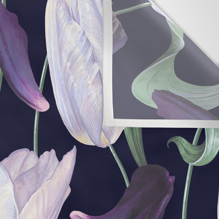 Purple and White Tulip Floral Prints on Navy Blue Wall Tapestry Gallery Image 3