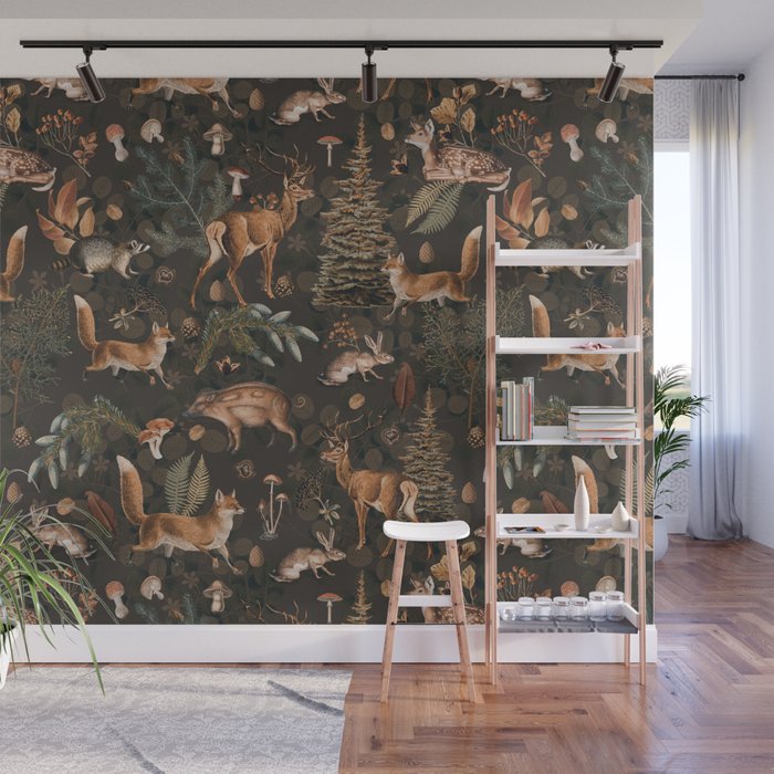 Fall Forest Impression With Wild Animals Moody Brown Wall Mural Gallery Image 1