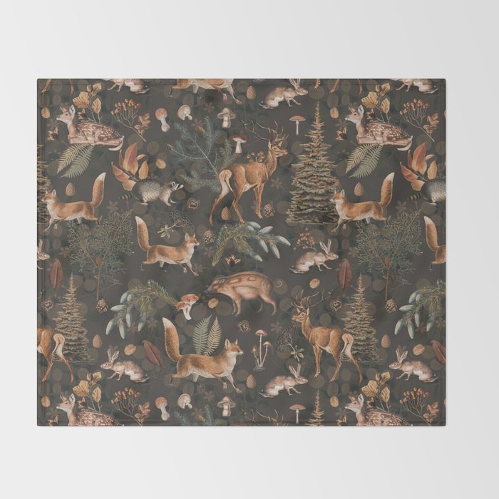 Fall Forest Impression With Wild Animals Moody Brown Throw Blanket Gallery Image 2