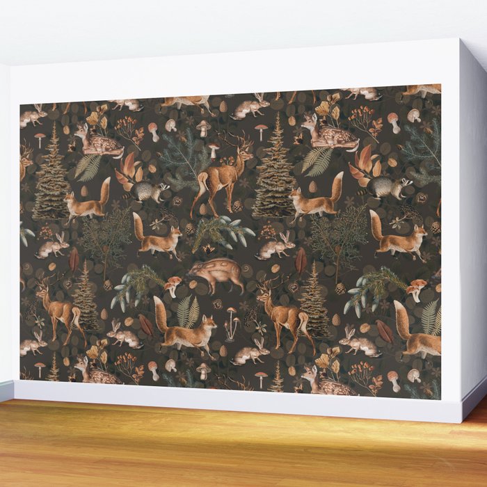 Fall Forest Impression With Wild Animals Moody Brown Wall Mural Gallery Image 2
