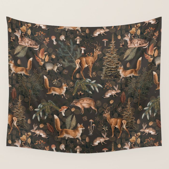 Fall Forest Impression With Wild Animals Moody Brown Wall Tapestry Gallery Image 4