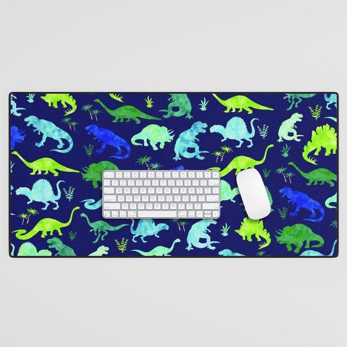 Watercolor Dinosaur Blue Green Dino Pattern Desk Mat