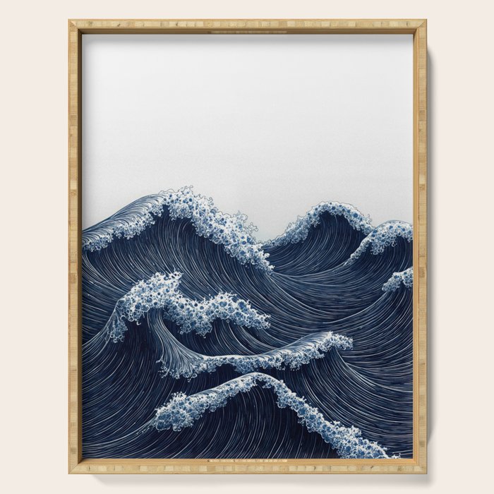 Japanese Wall Art Wave Poster Ocean Wall Art Minimalist Print Blue Japandi Art Wabi Sabi Painting Serving Tray Gallery Image 1
