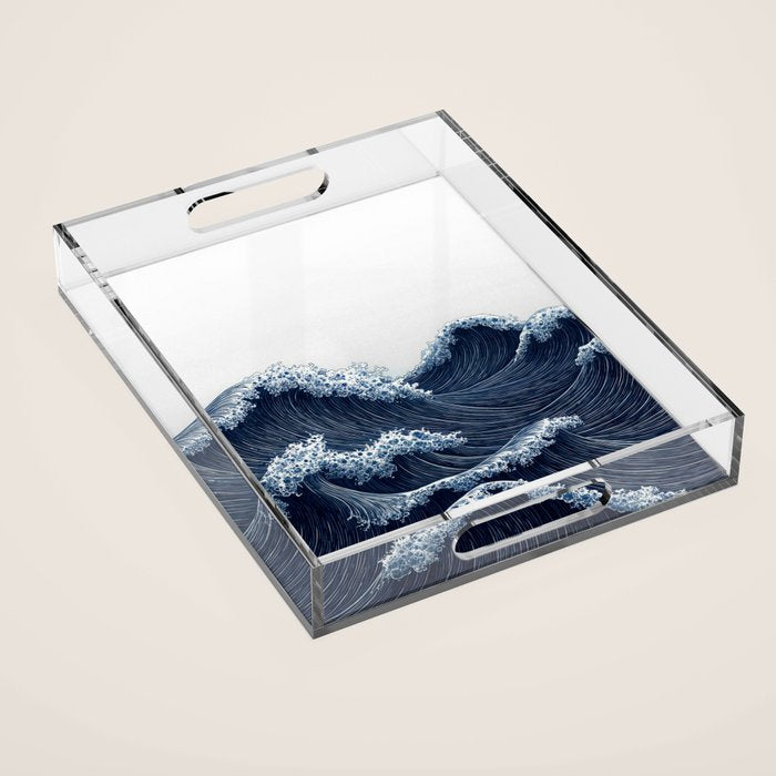Japanese Wall Art Wave Poster Ocean Wall Art Minimalist Print Blue Japandi Art Wabi Sabi Painting Acrylic Tray Gallery Image 1