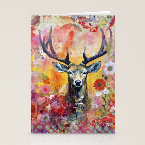 Colorful Wild Deer Indian Summer  Woodland Flora And Wildlife Stationery Card Gallery Image 1