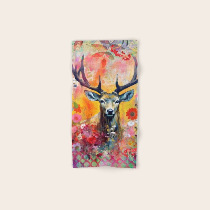 Colorful Wild Deer Indian Summer  Woodland Flora And Wildlife Bath Towel Gallery Image 1