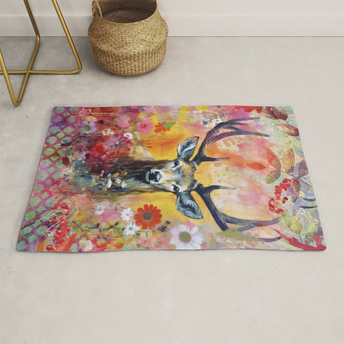 Colorful Wild Deer Indian Summer  Woodland Flora And Wildlife Rug Gallery Image 1