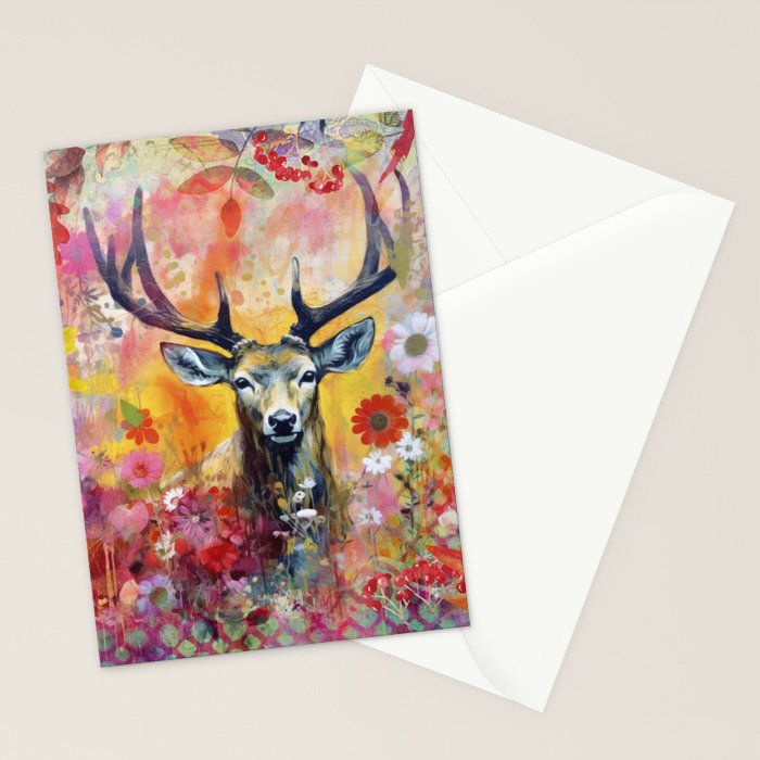 Colorful Wild Deer Indian Summer  Woodland Flora And Wildlife Stationery Card Gallery Image 2