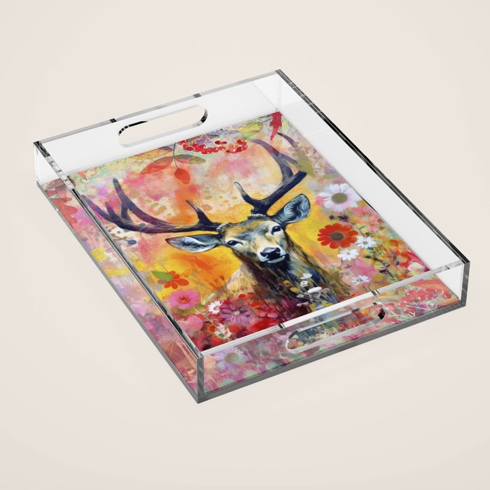 Colorful Wild Deer Indian Summer  Woodland Flora And Wildlife Acrylic Tray Gallery Image 1