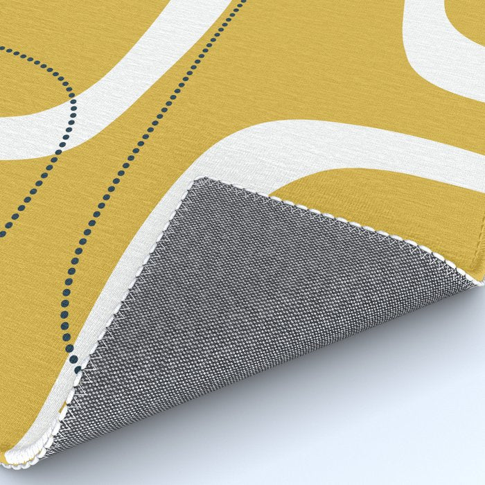Retro Loops and Dots Midcentury Modern Pattern in Light Mustard, White, and Navy Blue Rug Gallery Image 4
