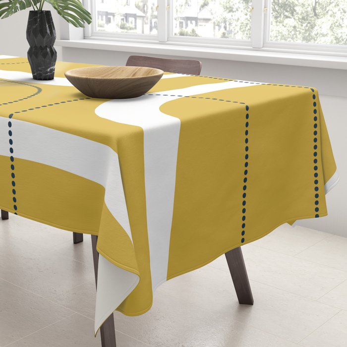 Retro Loops and Dots Midcentury Modern Pattern in Light Mustard, White, and Navy Blue Tablecloth Gallery Image 3