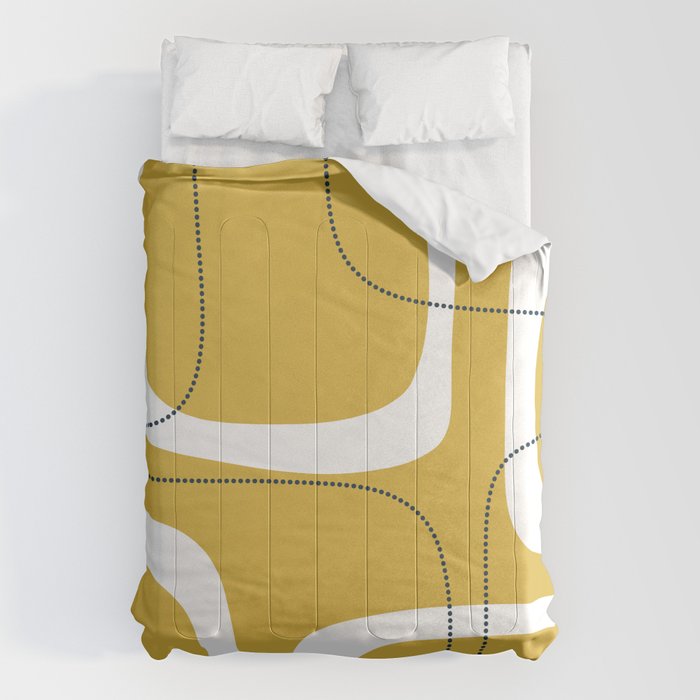 Retro Loops and Dots Midcentury Modern Pattern in Light Mustard, White, and Navy Blue Comforter Gallery Image 1