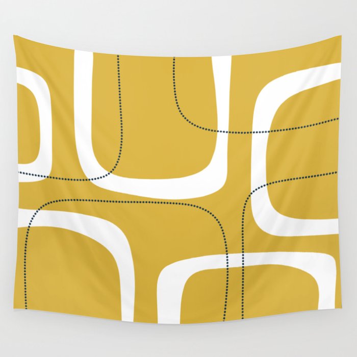 Retro Loops and Dots Midcentury Modern Pattern in Light Mustard, White, and Navy Blue Wall Tapestry Gallery Image 4