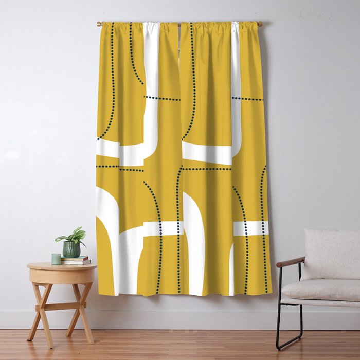 Retro Loops and Dots Midcentury Modern Pattern in Light Mustard, White, and Navy Blue Window Curtain Gallery Image 5