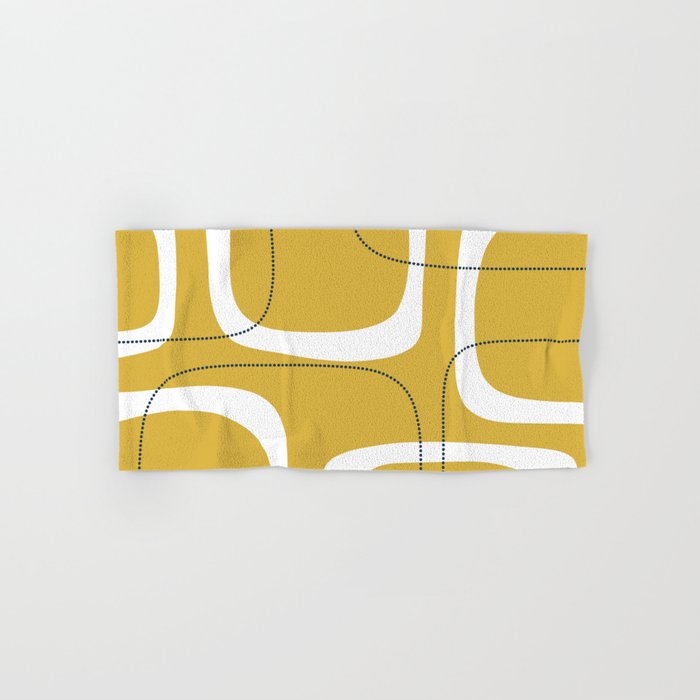Retro Loops and Dots Midcentury Modern Pattern in Light Mustard, White, and Navy Blue Bath Towel Gallery Image 1