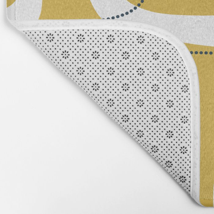 Retro Loops and Dots Midcentury Modern Pattern in Light Mustard, White, and Navy Blue Bath Mat Gallery Image 2
