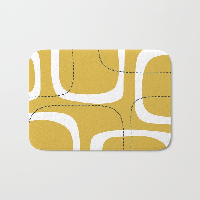 Retro Loops and Dots Midcentury Modern Pattern in Light Mustard, White, and Navy Blue Bath Mat Gallery Image 1