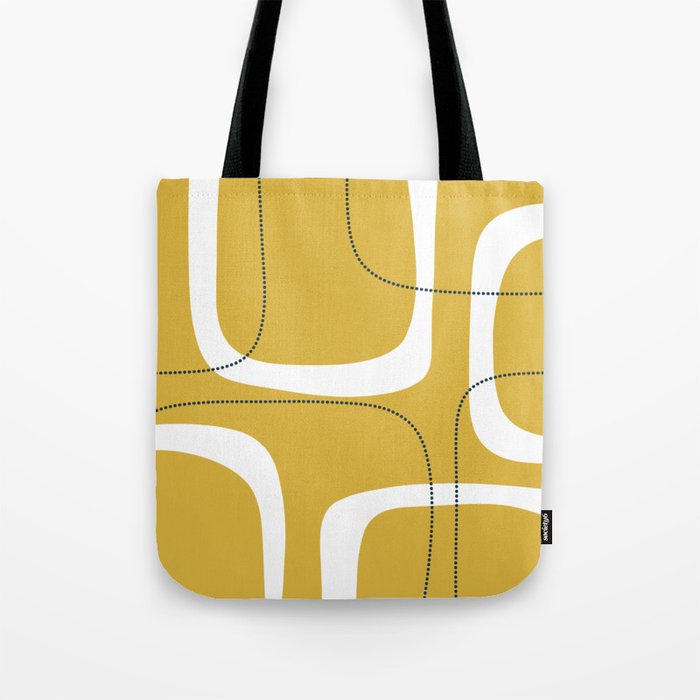 Retro Loops and Dots Midcentury Modern Pattern in Light Mustard, White, and Navy Blue Tote Bag Gallery Image 1