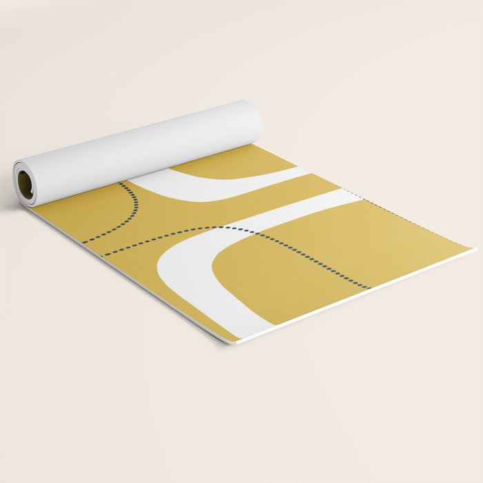 Retro Loops and Dots Midcentury Modern Pattern in Light Mustard, White, and Navy Blue Yoga Mat Gallery Image 2